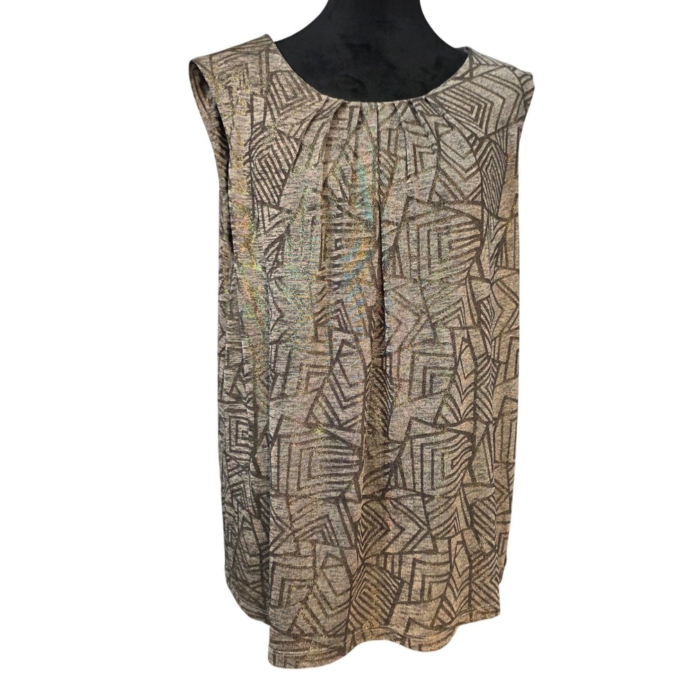 Calvin Klein Womens 2X Metallic Gold Silver Geometric Pleated Shell Tank Top